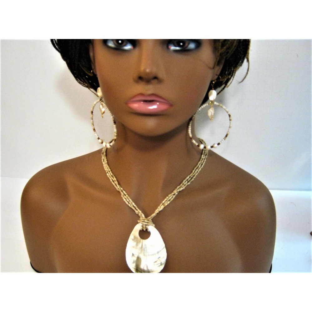 Genuine MOP Shell Beaded large Hoop Earrings and Pendant Necklace Jewelry Set